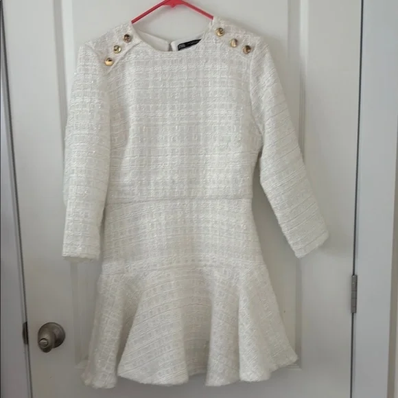 ZARA White Boucle Tweed Peplum Side Gold Button Structured Mini Dress Sz S NWOT - Picture 2 of 14
